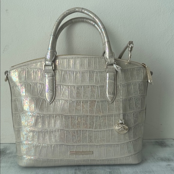 Brahmin Duxbury Leather Croc Embossed Satchel Handbag Pearly Cream Metallic